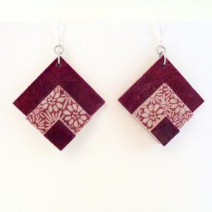 Boucles d'oreille en carton - grand losange - Bordeaux/Fleurs bordeaux - Argent 925