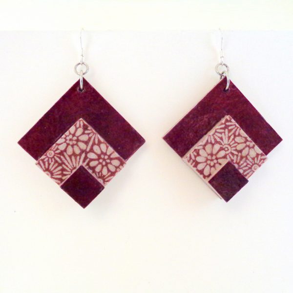 Boucles d'oreille en carton - grand losange - Bordeaux/Fleurs bordeaux - Argent 925