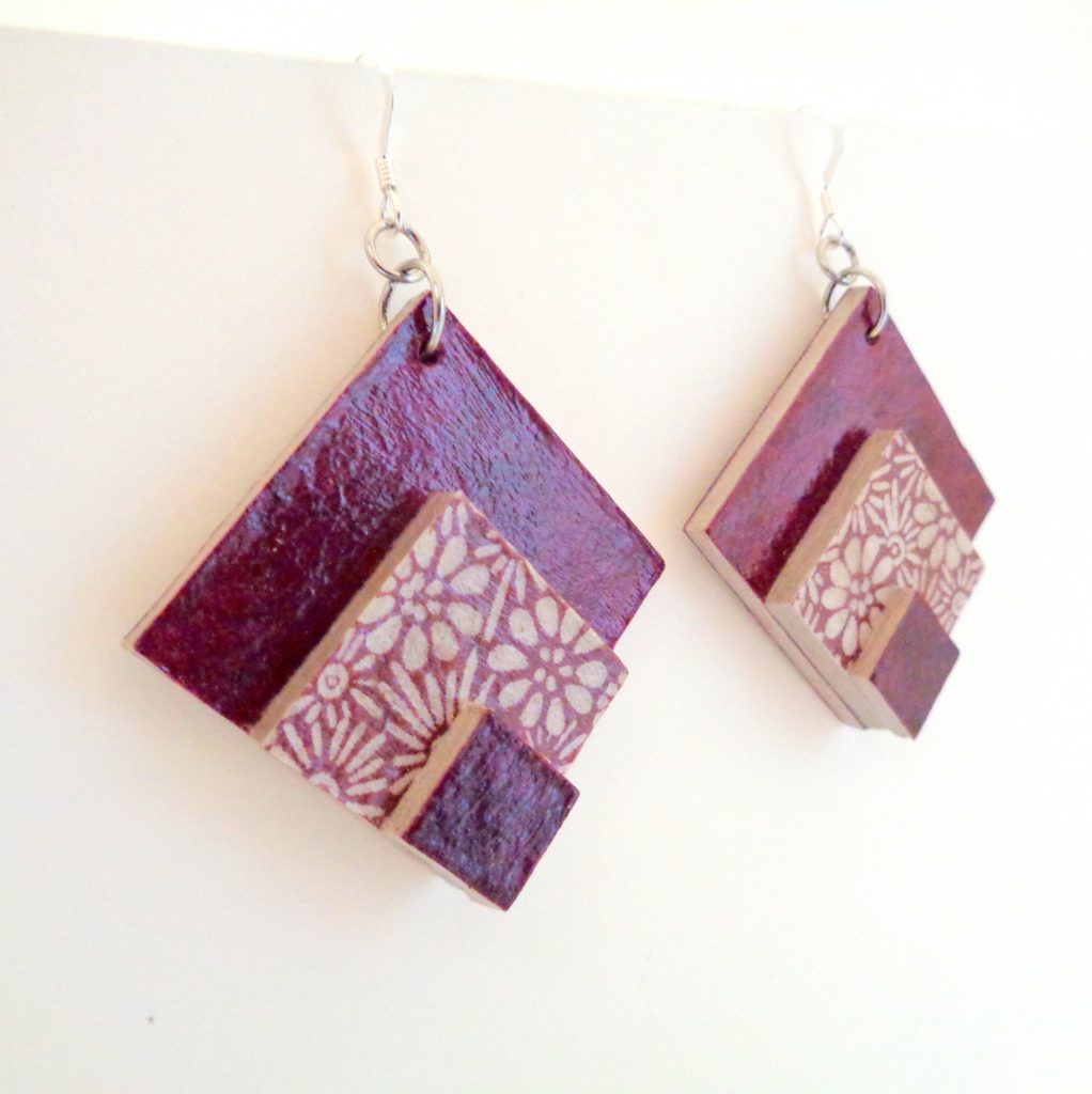 Boucles d'oreille en carton - grand losange - Bordeaux/Fleurs bordeaux - Argent 925