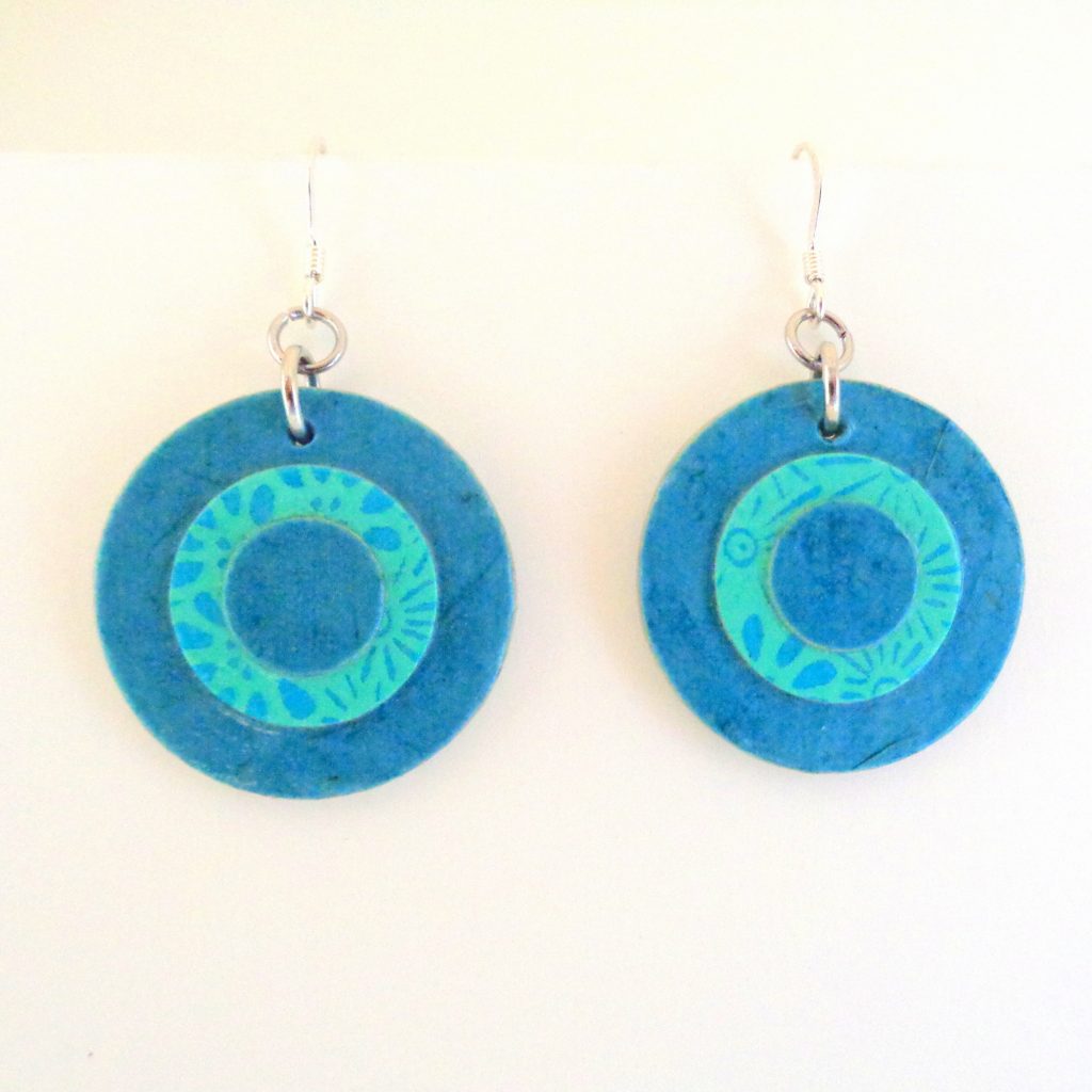Boucles d'oreille en carton - Petites rondes X3 - Bleu turquoise/Fleurs bleu - Argent 925