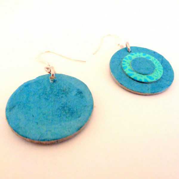 Boucles d'oreille en carton - Petites rondes X3 - Bleu turquoise/Fleurs bleu - Argent 925