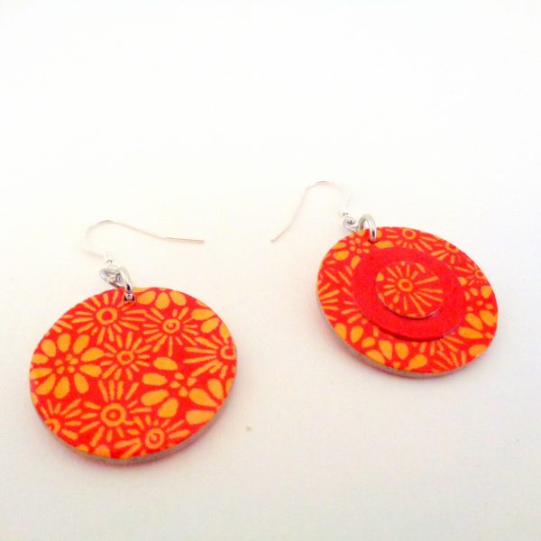 Boucles d'oreille en carton - Petites rondes X3 - Fleurs orange/Rouge - Argent 925