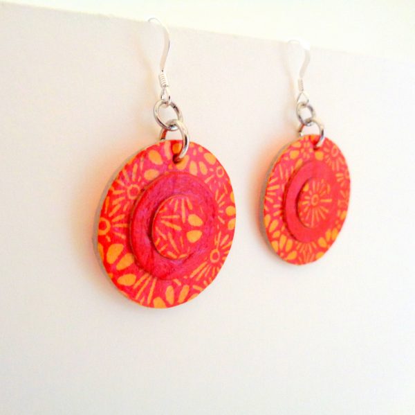 Boucles d'oreille en carton - Petites rondes X3 - Fleurs orange/Rouge - Argent 925