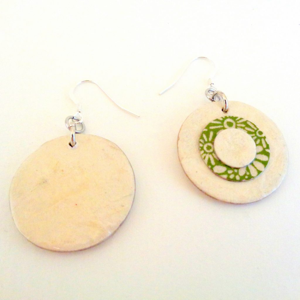 Boucles d'oreille en carton - Petites rondes X3 - Blanc/Fleurs vertes - Argent 925