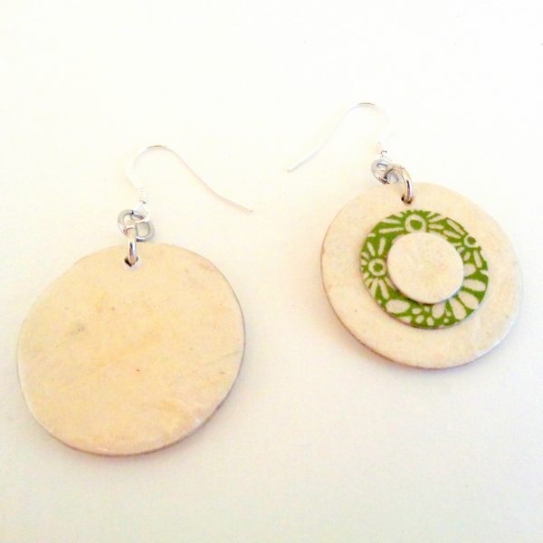 Boucles d'oreille en carton - Petites rondes X3 - Blanc/Fleurs vertes - Argent 925