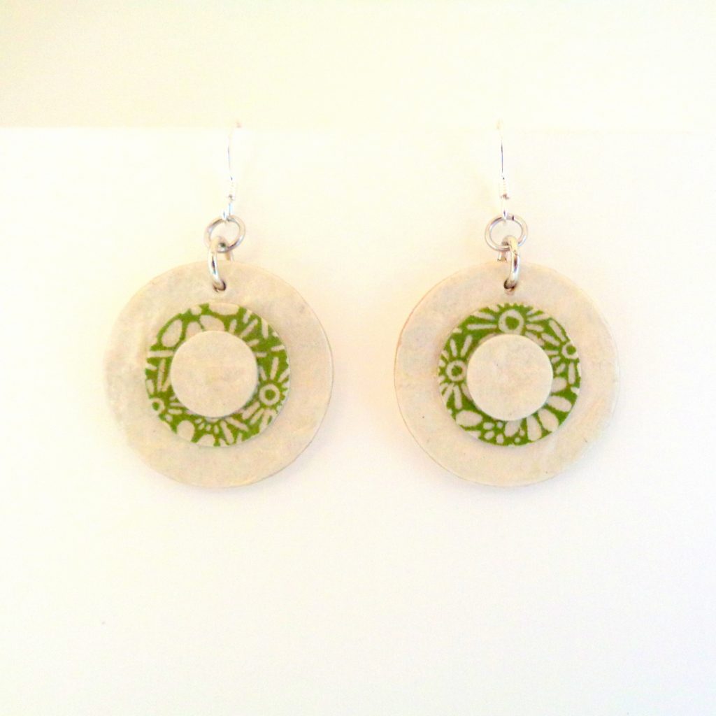 Boucles d'oreille en carton - Petites rondes X3 - Blanc/Fleurs vertes - Argent 925