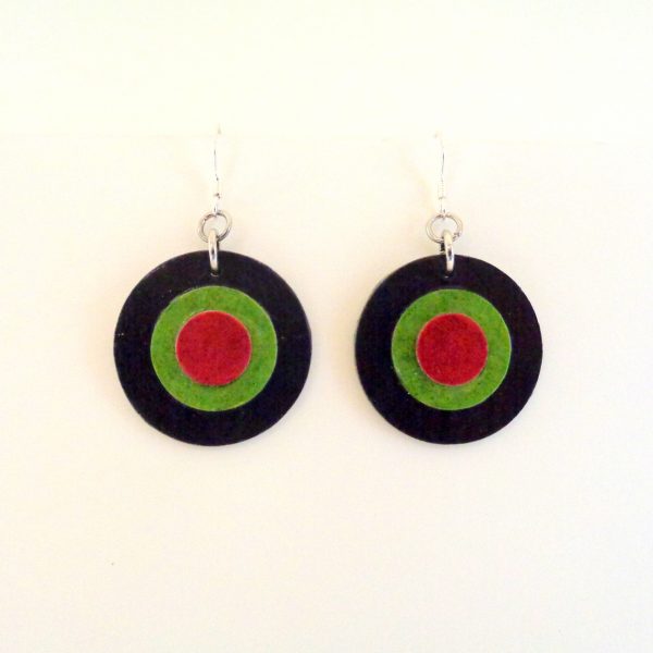 Boucles d'oreille en carton - Petites rondes X3 - Noir/Vert/Rouge - Argent 925