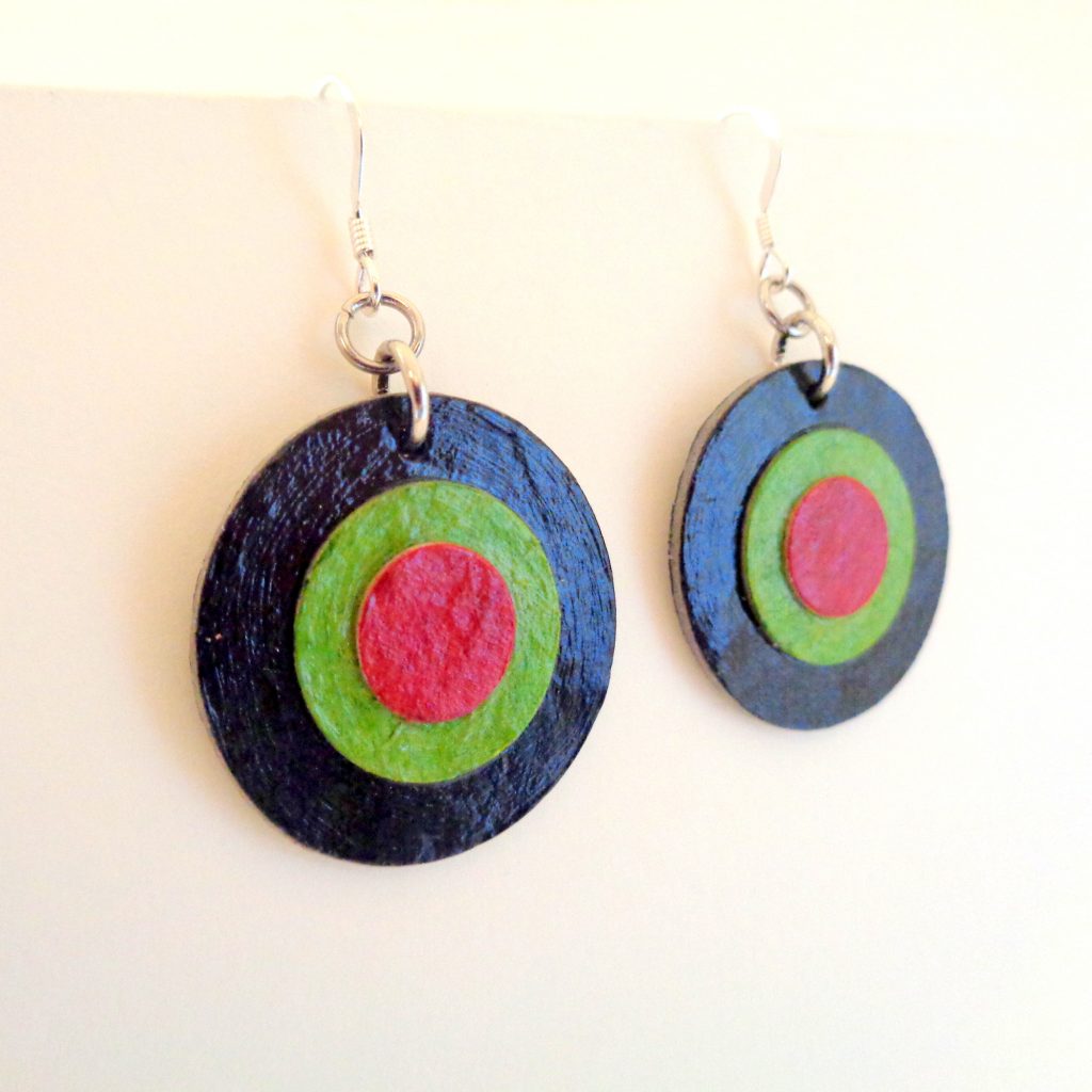 Boucles d'oreille en carton - Petites rondes X3 - Noir/Vert/Rouge - Argent 925