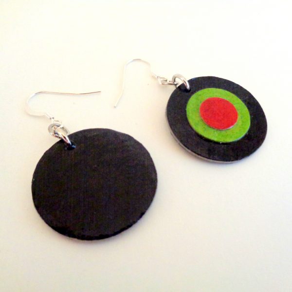 Boucles d'oreille en carton - Petites rondes X3 - Noir/Vert/Rouge - Argent 925