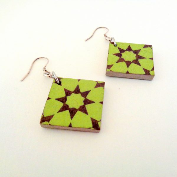 Boucles d'oreille en carton - Petit carré - Vert étoile - Argent 925