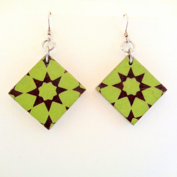 Boucles d'oreille en carton - Petit carré - Vert étoile - Argent 925