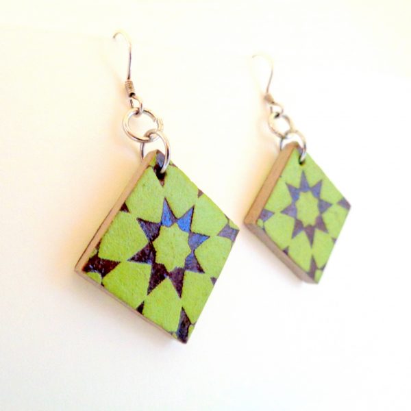 Boucles d'oreille en carton - Petit carré - Vert étoile - Argent 925