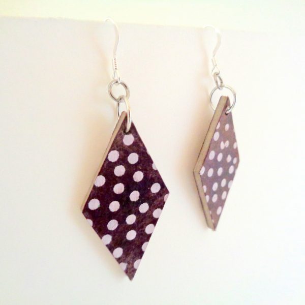 Boucles d'oreille en carton - Losange - Marron à pois blancs - Argent 925