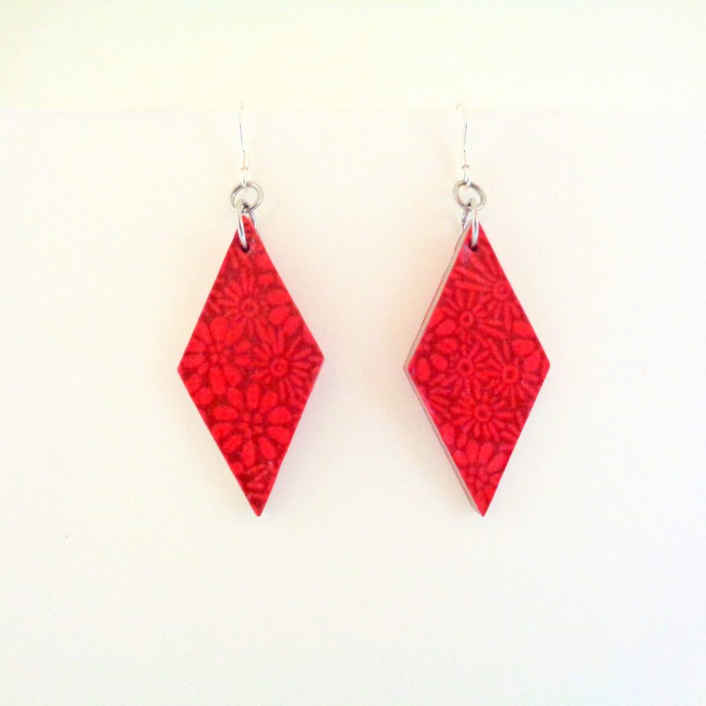 Boucles d'oreille en carton - Losange - Rouge fleurs - Argent 925