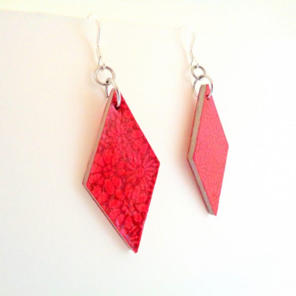 Boucles d'oreille en carton - Losange - Rouge fleurs - Argent 925