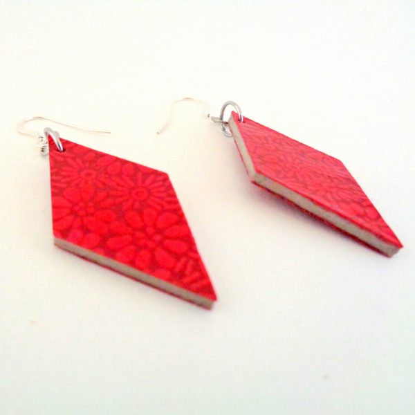 Boucles d'oreille en carton - Losange - Rouge fleurs - Argent 925