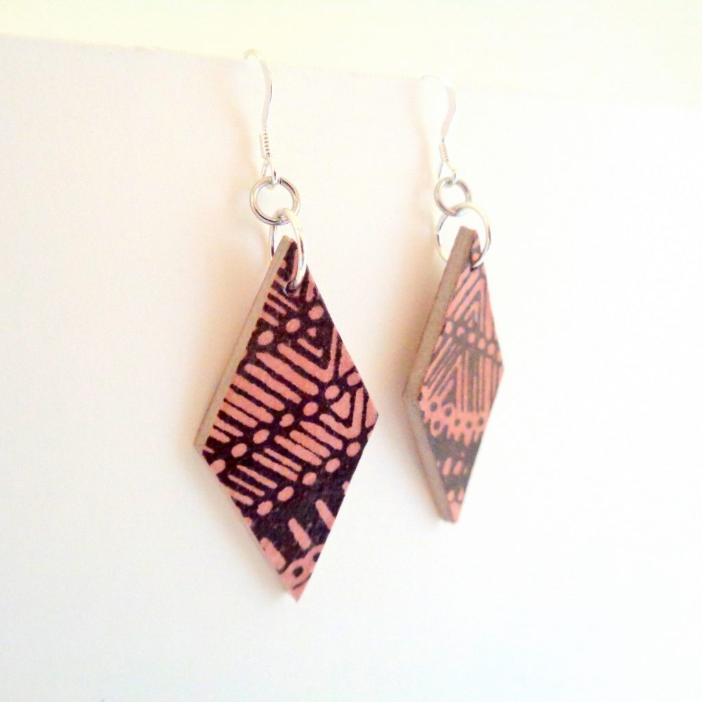 Boucles d'oreille en carton - Losange - Bambou marron - Argent 925