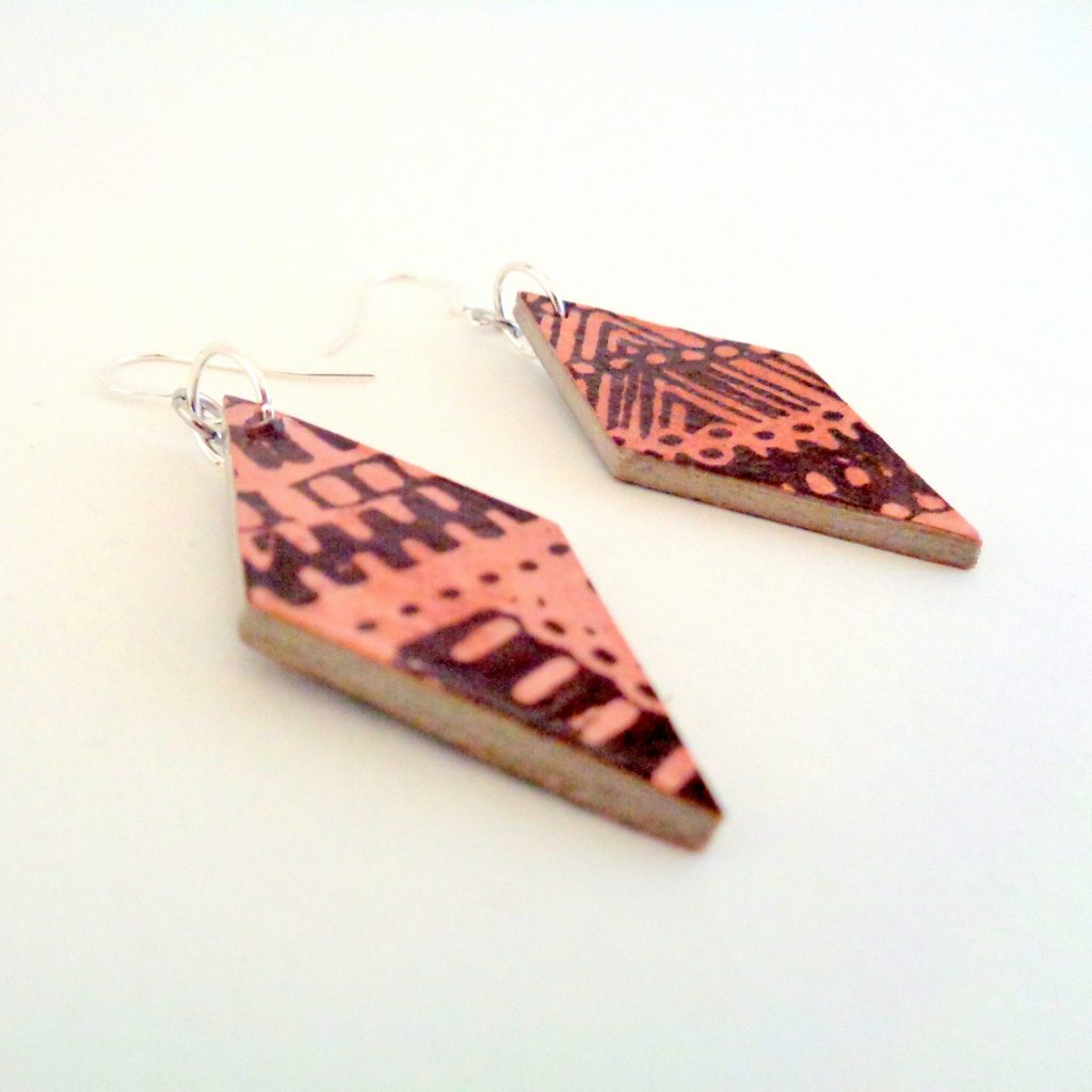 Boucles d'oreille en carton - Losange - Bambou marron - Argent 925