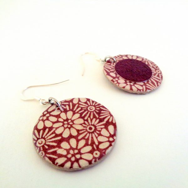 Boucles d'oreille en carton - Petites Rondes X2 - Fleurs bordeaux et bordeaux - Argent 925