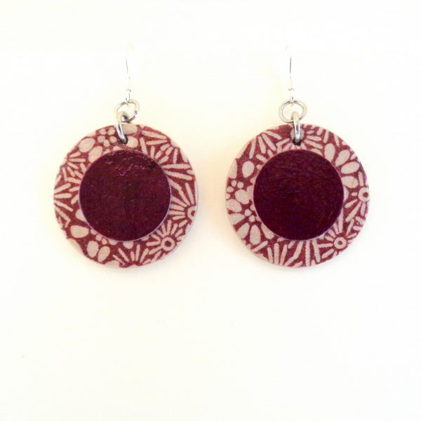 Boucles d'oreille en carton - Petites Rondes X2 - Fleurs bordeaux et bordeaux - Argent 925