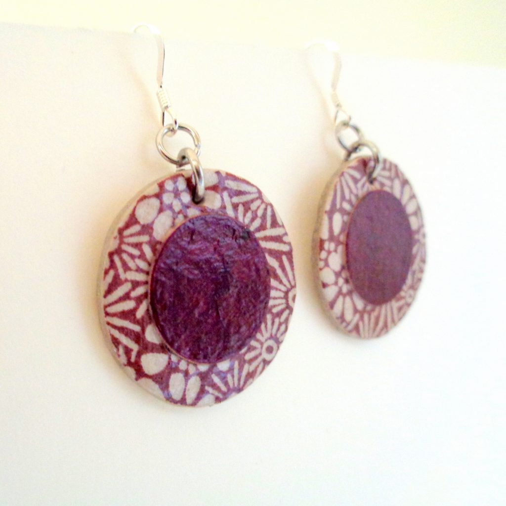 Boucles d'oreille en carton - Petites Rondes X2 - Fleurs bordeaux et bordeaux - Argent 925
