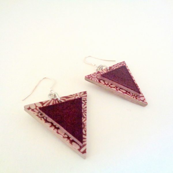 Boucles d'oreille en carton - Triangle - Fleurs bordeaux/Bordeaux - Argent 925