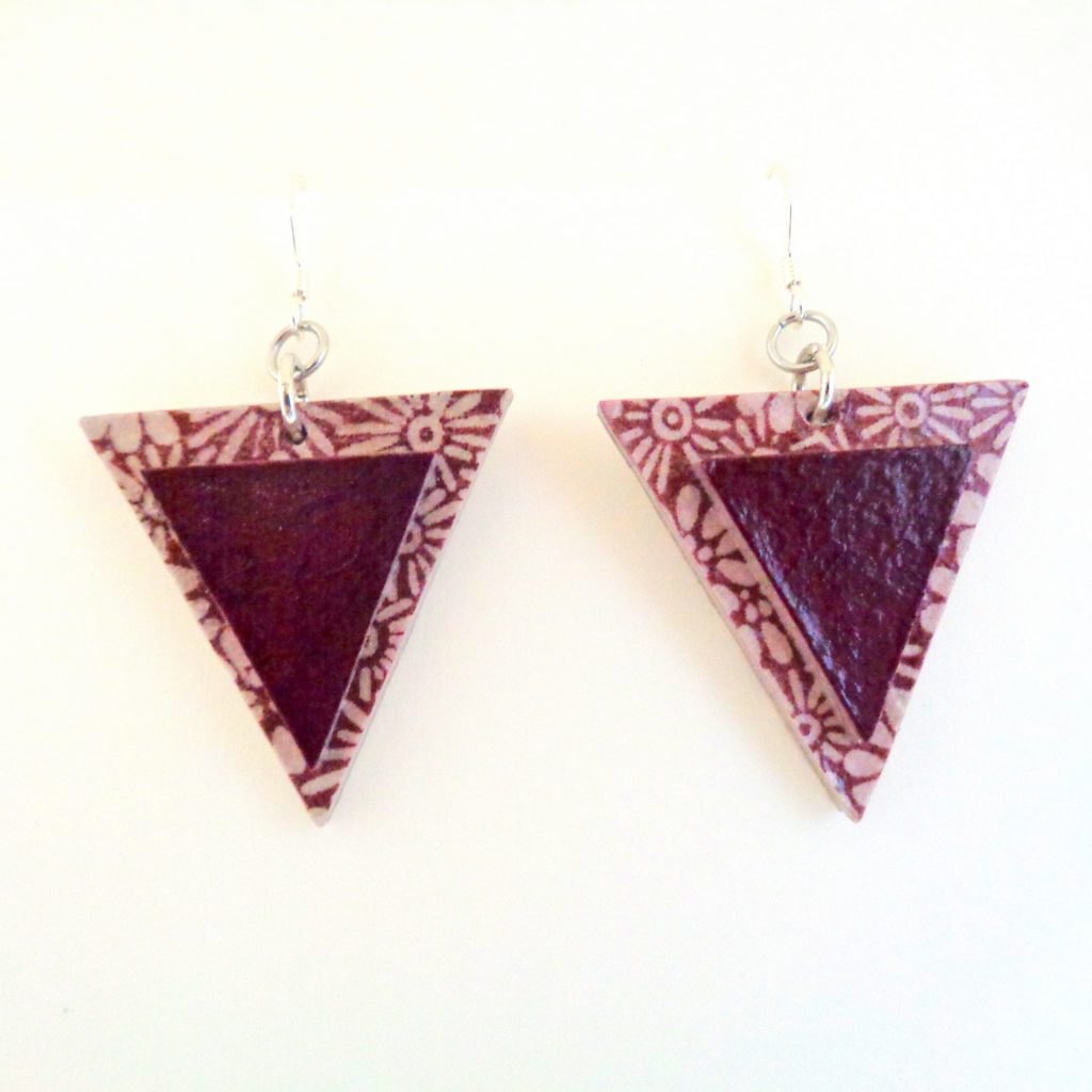 Boucles d'oreille en carton - Triangle - Fleurs bordeaux/Bordeaux - Argent 925