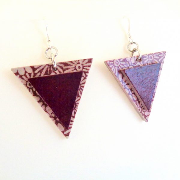 Boucles d'oreille en carton - Triangle - Fleurs bordeaux/Bordeaux - Argent 925