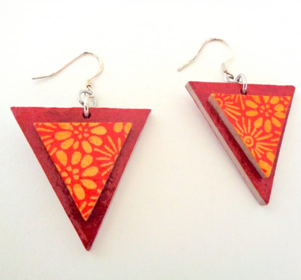 Boucles d'oreille en carton - Triangle - Rouge carmin/Fleurs orange - Argent 925