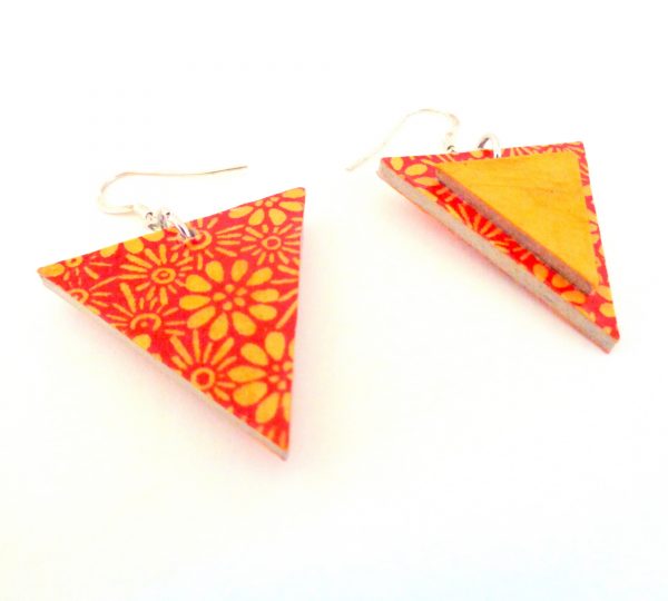Boucles d'oreille en carton - Triangle - Fleurs orange/Jaune ocre - Argent 925