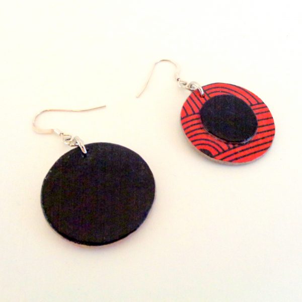 Boucles d'oreille en carton - Petites Rondes X2 - "Rouge Nœuds"/Noir - Argent 925