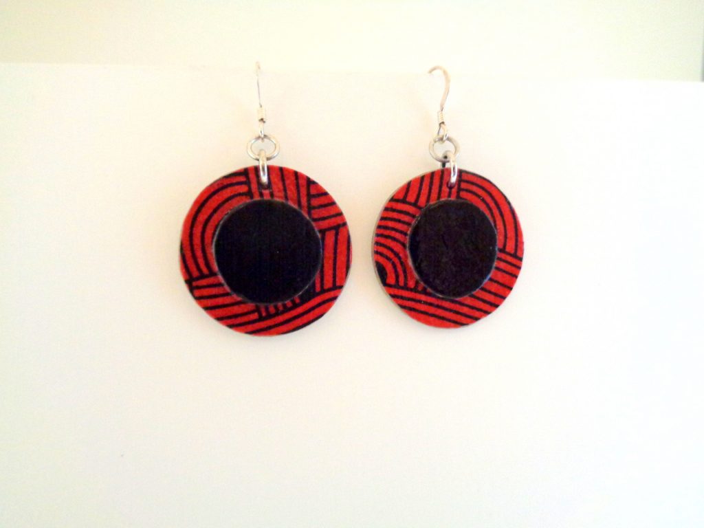 Boucles d'oreille en carton - Petites Rondes X2 - "Rouge Nœuds"/Noir - Argent 925