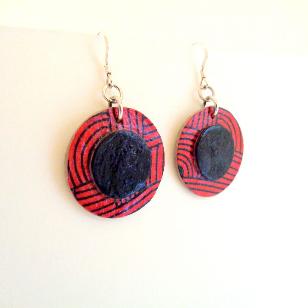Boucles d'oreille en carton - Petites Rondes X2 - "Rouge Nœuds"/Noir - Argent 925