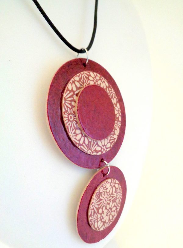 Pendentif long ronds en carton - Bordeaux/Fleurs bordeaux