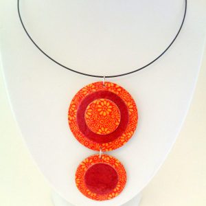 Pendentif long ronds en carton - Fleurs orange/Rouge carmin