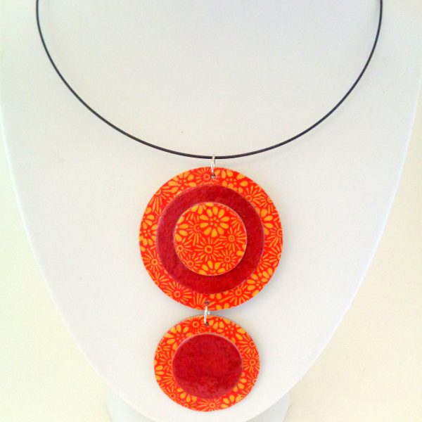 Pendentif long ronds en carton - Fleurs orange/Rouge carmin