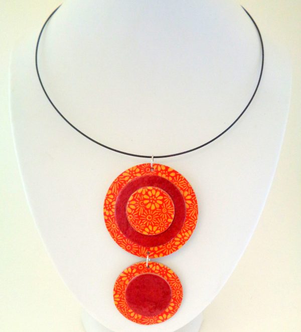 Pendentif long ronds en carton - Fleurs orange/Rouge carmin