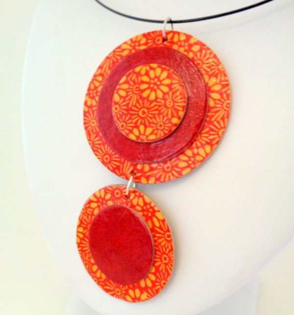 Pendentif long ronds en carton - Fleurs orange/Rouge carmin