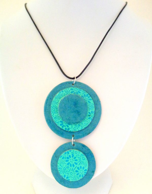 Pendentif long ronds en carton - Bleu turquoise/Fleurs bleues