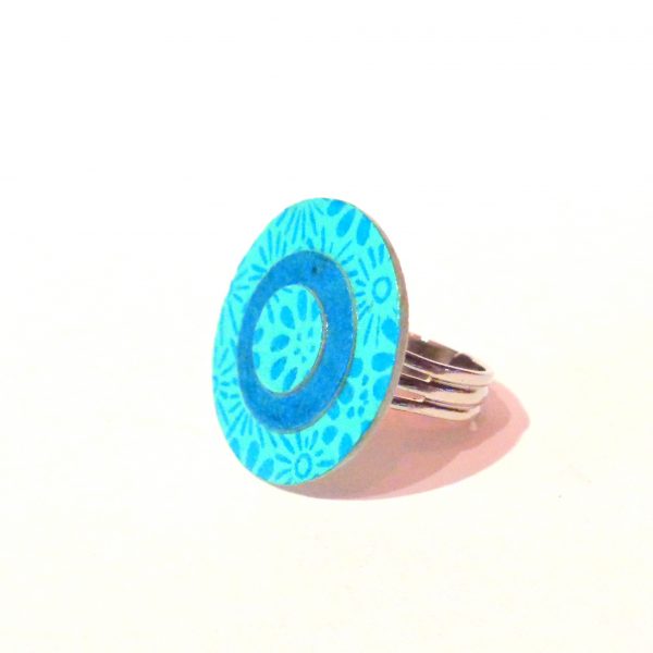 Petite bague ronde en carton - Bleu à fleurs/Bleu turquoise