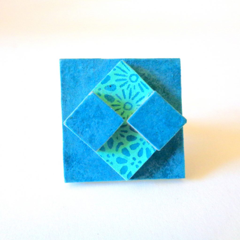 Bague carrée en carton - "Bleu turquoise/Bleu à fleurs"