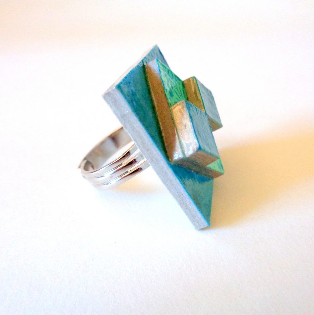 Bague carrée en carton - "Bleu turquoise/Bleu à fleurs"