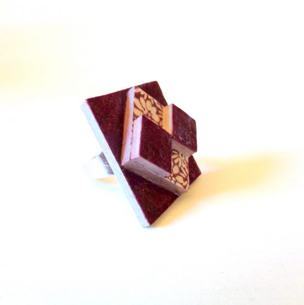 Bague carrée en carton - "Bordeaux/Bordeaux à fleurs"