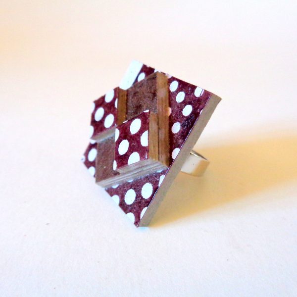 Bague carrée en carton - "Marron à petits pois blancs"