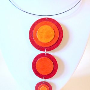 Long pendentif "Ronds" en carton - Rouge carmin et jaune