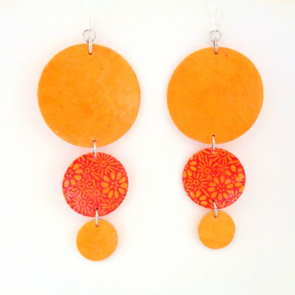 Boucles d'oreille en carton - Longues rondes - Jaune ocre et orange à fleurs - Argent 925