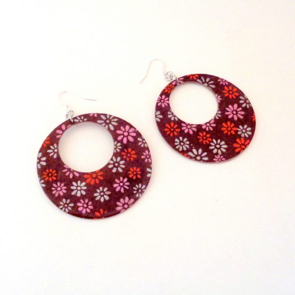 Boucles d'oreille en carton - Grandes Créoles - Bordeaux fleuri 70's - Argent 925