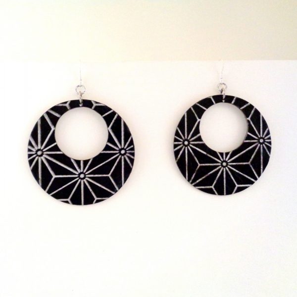 Boucles d'oreille en carton - Grandes créoles - Noir étoilé - Argent 925