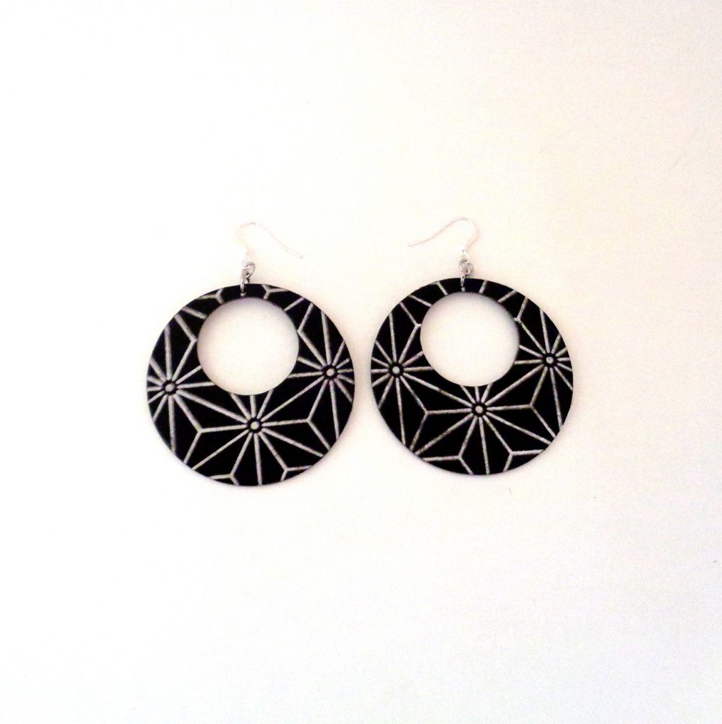 Boucles d'oreille en carton - Grandes créoles - Noir étoilé - Argent 925