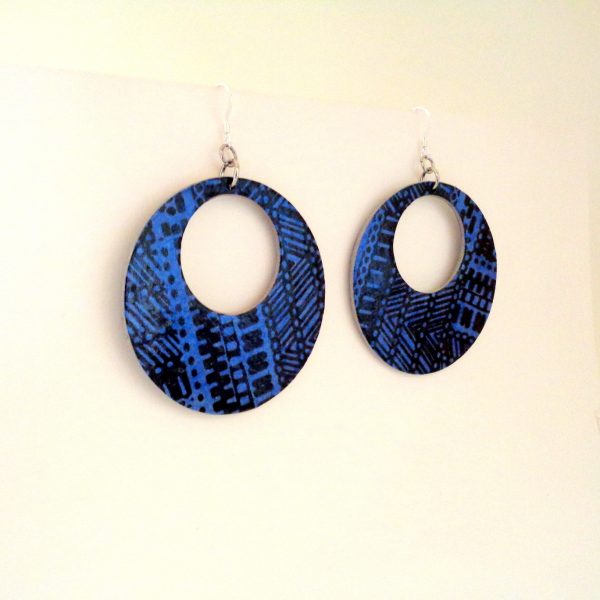 Boucles d'oreille en carton - Grandes créoles - Bambou bleu - Argent 925